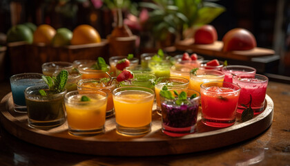 Fresh fruit cocktail on wooden table, perfect summer refreshment drink generated by AI