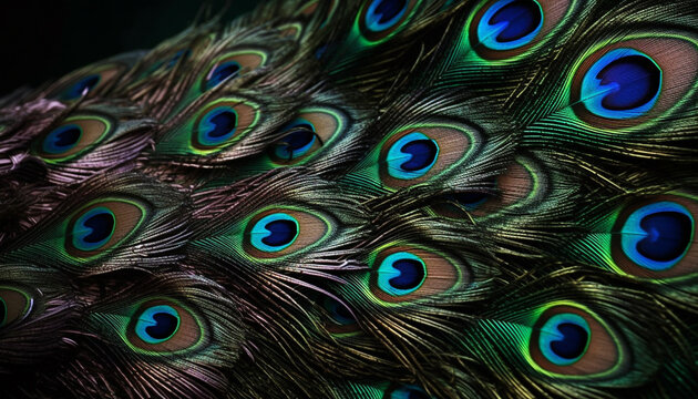 Vibrant peacock tail displays majestic iridescent multi colored feathers generated by AI