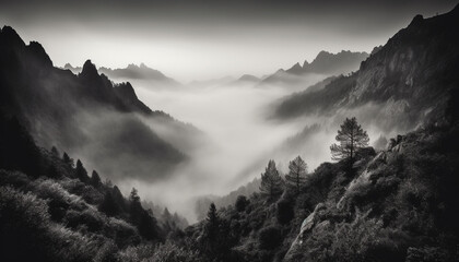 Obraz premium Majestic mountain range in black and white, a tranquil scene generated by AI