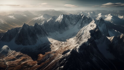 Panoramic mountain range, majestic peak, extreme terrain, tranquil sunrise adventure generated by AI