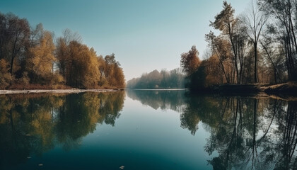 Obraz premium Tranquil scene of autumn forest reflected in blue pond water generated by AI