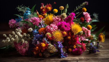 Fresh multi colored bouquet of summer flowers on wooden table decoration generated by AI