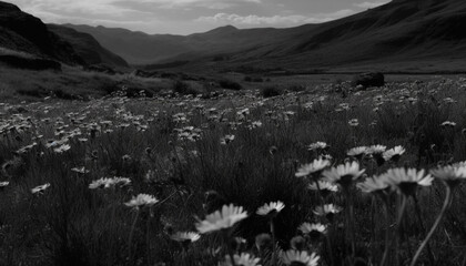 Fototapeta premium Tranquil scene of a remote mountain peak, surrounded by wildflowers generated by AI