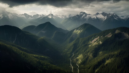 Obraz premium Majestic mountain range, panoramic landscape, tranquil scene, high up adventure generated by AI