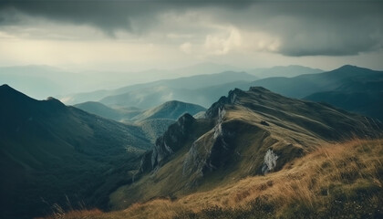 Tranquil meadow, majestic mountain range, panoramic landscape, extreme terrain adventure generated by AI