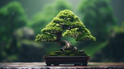 A beautiful award-winning bonsai plant, with strong and graceful branch curves, lush green leaves, and a stunning blurred background view.