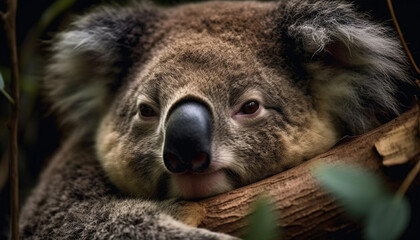 Sleeping koala on eucalyptus branch, cute marsupial in nature generated by AI