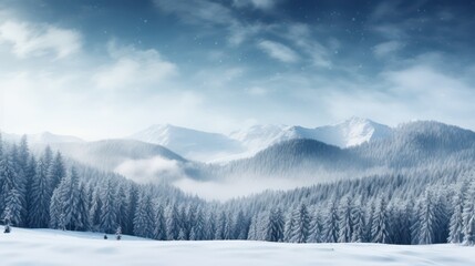 A blurred winter mountain landscape in nature, with snow-covered trees with copy space for text