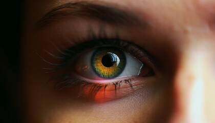 Fototapeta premium One woman staring at camera, close up of green eyed iris generated by AI
