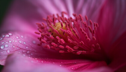 Vibrant pink hibiscus blossom, dew drops on fragile petals generated by AI