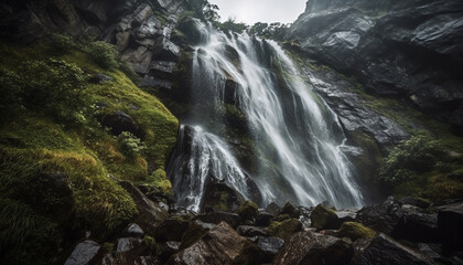 Fototapeta premium Tranquil scene of majestic mountain range in remote wilderness area generated by AI