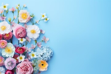 Vivid spring flowers on pastel blue background. Generative AI
