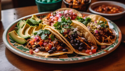Fresh Mexican meal on rustic wood table  beef taco, guacamole, salad generated by AI
