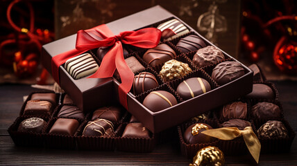 box with christmas chocolate candies, on wooden table