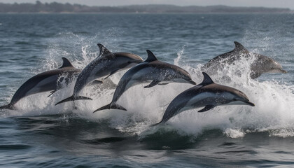 Fototapeta premium Playful bottle nosed dolphin jumping in the blue sea water generated by AI