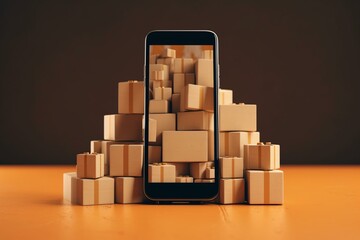 A smartphone with brown parcel boxes, representing online delivery. Generative AI