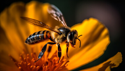 Busy honey bee collecting pollen from yellow flower in nature generated by AI