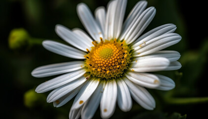 Obraz premium Vibrant daisy blossom in tranquil meadow, dew kissed under sun generated by AI