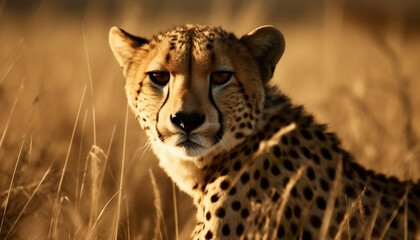 Obraz premium Majestic cheetah staring, alert, walking in African wilderness, beauty in nature generated by AI
