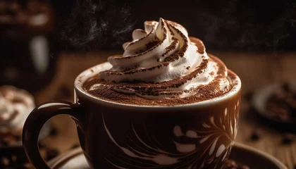 Foto op Plexiglas Whipped cream tops the frothy mocha in rustic coffee shop generated by AI © djvstock