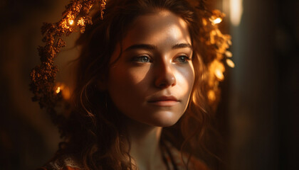 One young adult woman, portrait of beauty, looking sensually at camera generated by AI
