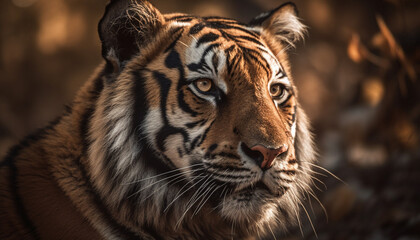 Bengal tiger staring, majestic beauty in nature, wild aggression unleashed generated by AI