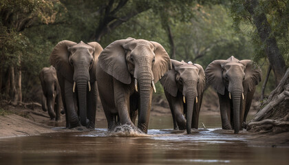 Large African elephant herd in motion through tropical wilderness area generated by AI