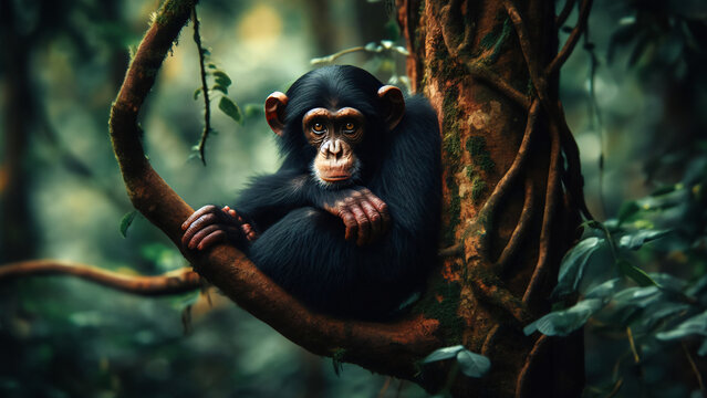Simio salvaje subido a un &aacute;rbol mirando a c&aacute;mara