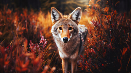 Coyote salvaje en la naturaleza entre la hierba mirando a cámara - obrazy, fototapety, plakaty