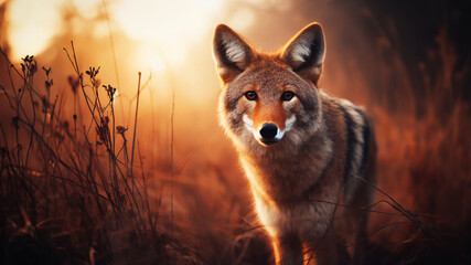Coyote salvaje en la naturaleza mirando a cámara - obrazy, fototapety, plakaty