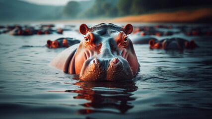 Hipopótamo sumergido en el agua mirando a la cámara