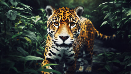 Retrato de un jaguar en la selva mirando a cámara - obrazy, fototapety, plakaty