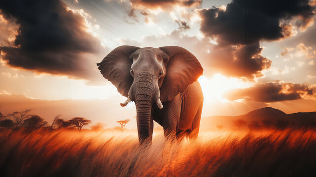 Elefanta salvaje en la naturaleza al atardecer mirando a la c&aacute;mara