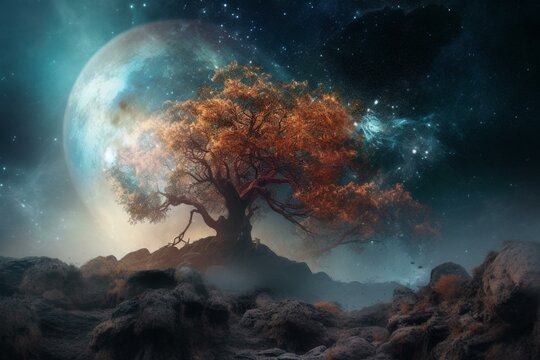 Majestic cosmic nebula unveils a dreamy, extraterrestrial planet adorned with a gigantic tree, flourishing on an asteroid within the vast universe. Generative AI © Beatriz