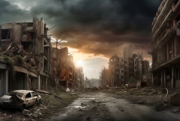 Post-apocalyptic abandoned city in ruins