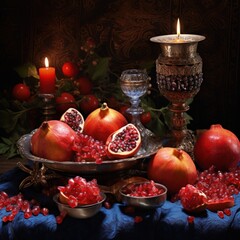 Happy yalda night, winter solstice festival, The birth of the sun or the moon, Copyspace background for text, grapes pomegranate watermelon,