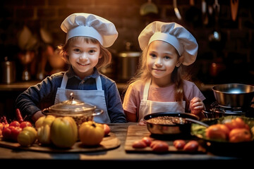 Two little girls in chef hats standing in front of a table full of food