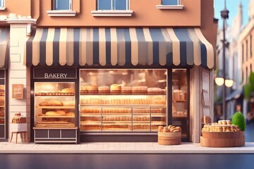 3D Bakery shop building façade with Baking store, café, bread, pastry and dessert shop front view Market - obrazy, fototapety, plakaty