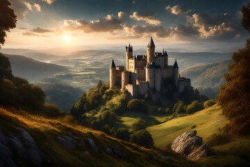a picturesque medieval castle on a hill overlooking a tranquil valley. - obrazy, fototapety, plakaty