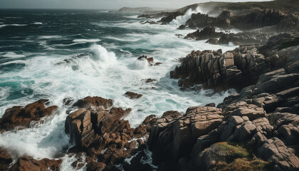 Rough seas crash against cliff, creating idyllic natural beauty generated by AI