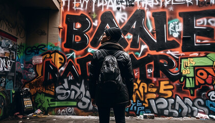 Fototapeta na wymiar One person walking in the dirty city, spraying graffiti generated by AI