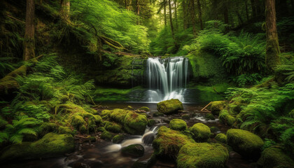 Tranquil scene of a tropical rainforest with flowing water and greenery generated by AI