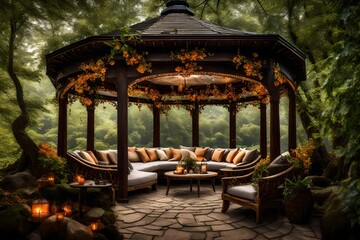 a picturesque image of a decorated outdoor gazebo.