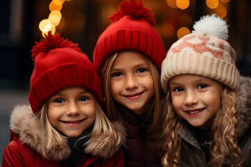 Festive children in Christmas hats smiling at the camera surrounded by holiday decor