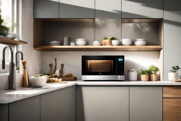 A smart microwave oven in a kitchen filled with natural light. - obrazy, fototapety, plakaty