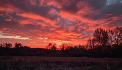 Fototapeta premium Vibrant sunset silhouettes tree, meadow, and mountain in dramatic sky generated by AI