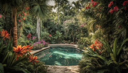 Fototapeta na wymiar Tropical landscape with palm trees, flowers, and swimming pool generated by AI