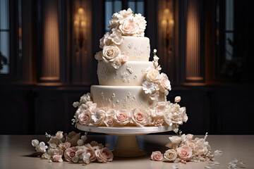 tiered wedding cake with white and soft peach color rose decoration - obrazy, fototapety, plakaty