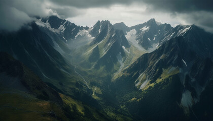 Majestic mountain range, high up in the sky, tranquil scene generated by AI
