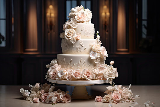 tiered wedding cake with white and soft peach color rose decoration - Powered by Adobe